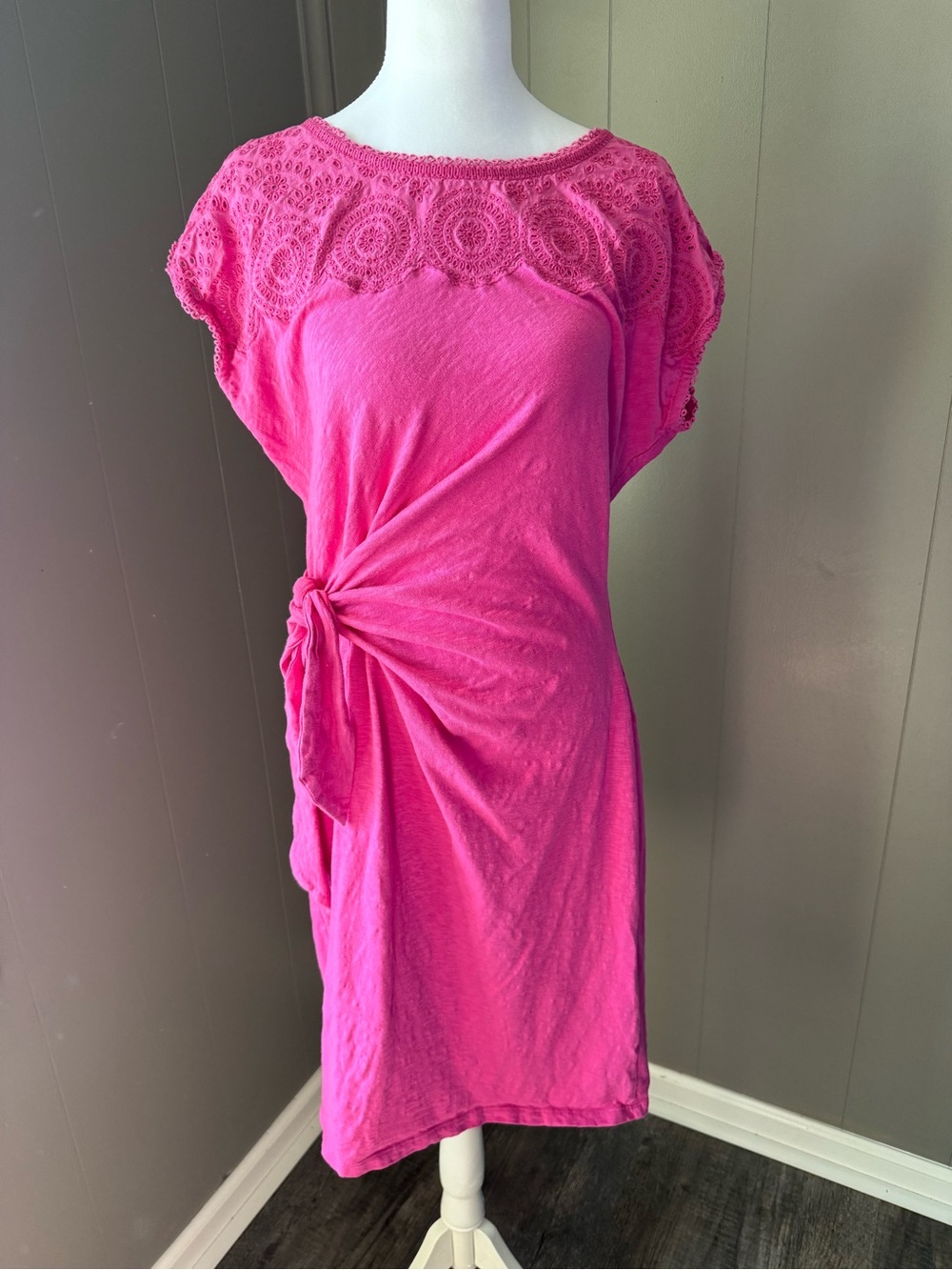 Talbots Pink Crochet Yoke Midi Dress with Side Knot